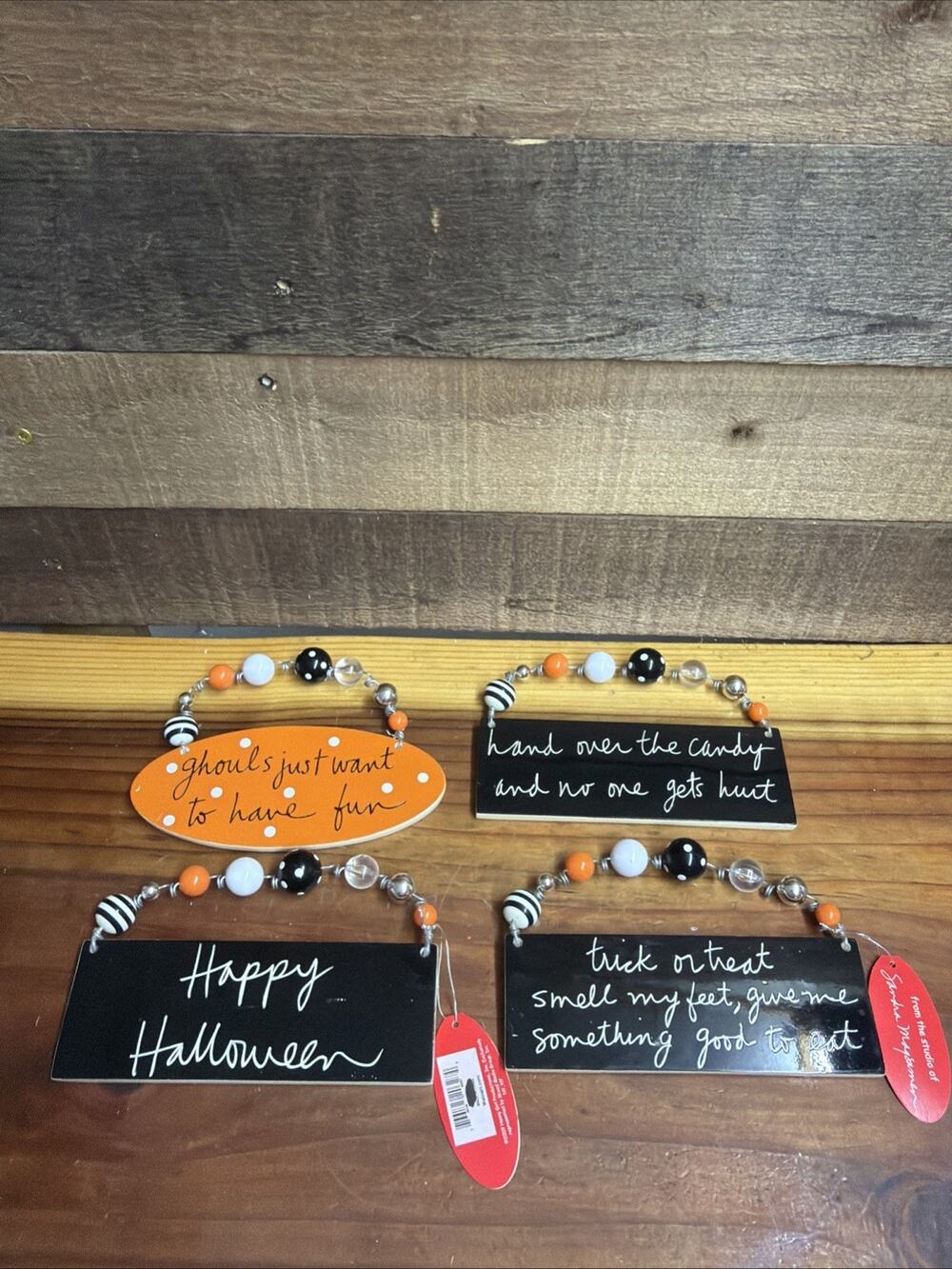 Dept 56 Sandra Magsamen Halloween Ornaments Set of 4 Beaded Wire Ceramic Plaques